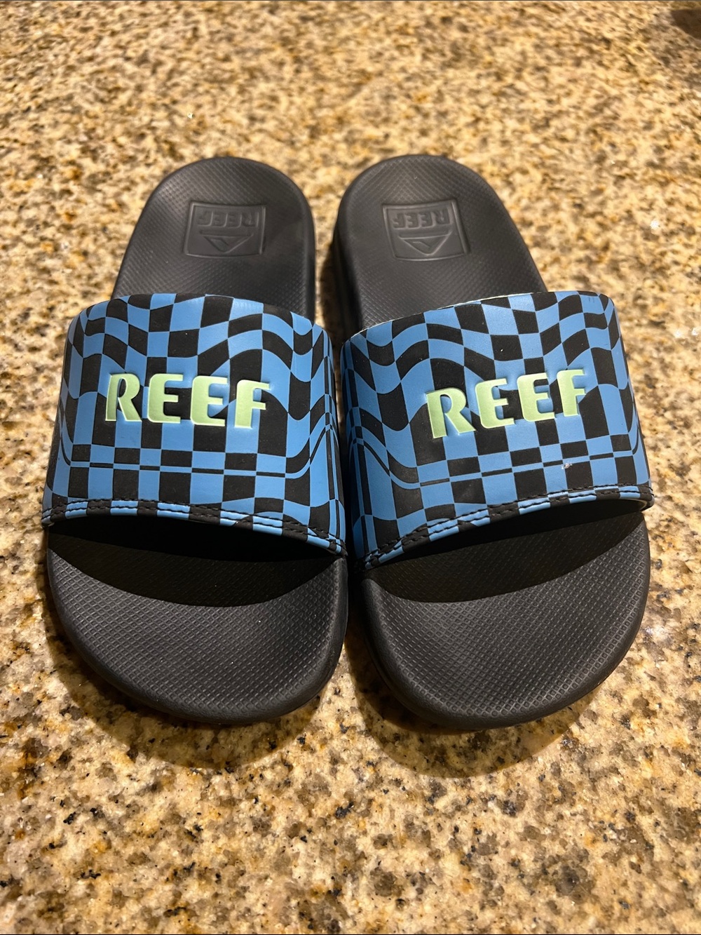 Reef Black Slide Sandals with Blue Check Strap and Lime Logo